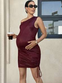 MaterniWear Burgundy Autumn Classy Maternity Party Dress, Snakeskin Print Asymmetrical Shoulder Ruched Bodycon Faux Leather Maternity For Pregnancy Photoshoot - Burgundy - View 4