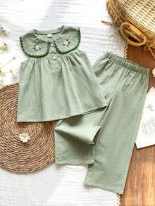 Vintaside Kids 女童花卉刺绣背带裙和上衣两件套，乡村风格时尚优雅可爱套装 - 綠色 - 查看 4