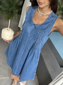 Sunnyshic Fashionable Turndown Collar Washed Casual Denim Dress - Medium Wash - View 5