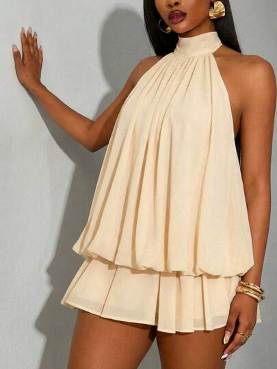 SHEIN SXY Plus Size Eggshell-Colored High-Elasticity Net Fabric Pleated Balloon-Shaped Sleeveless Sexy Backless Short Dress,Fashionable,Elegance,Sexy,Valentine's Day,Wedding Guest,Vintage,Party,Spring,Gown For Prom Night,Prom,Printemps à été,Going Out,Vintage,رمضان,Spring To Summer,Elegant Dresses For Women,Holiday Dress,Casual Dresses For Women,Valentine's Day,Festival Dress,Spring Outfit Women,Summer Holiday Outfits.Street Style Summer Sexy Dress Pleated Dresses For Women