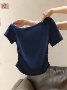 Rina Fox 女士夏季新款性感不对称露肩蝴蝶结刺绣褶皱修身露肩T恤 - 藏蓝色 - 查看 6