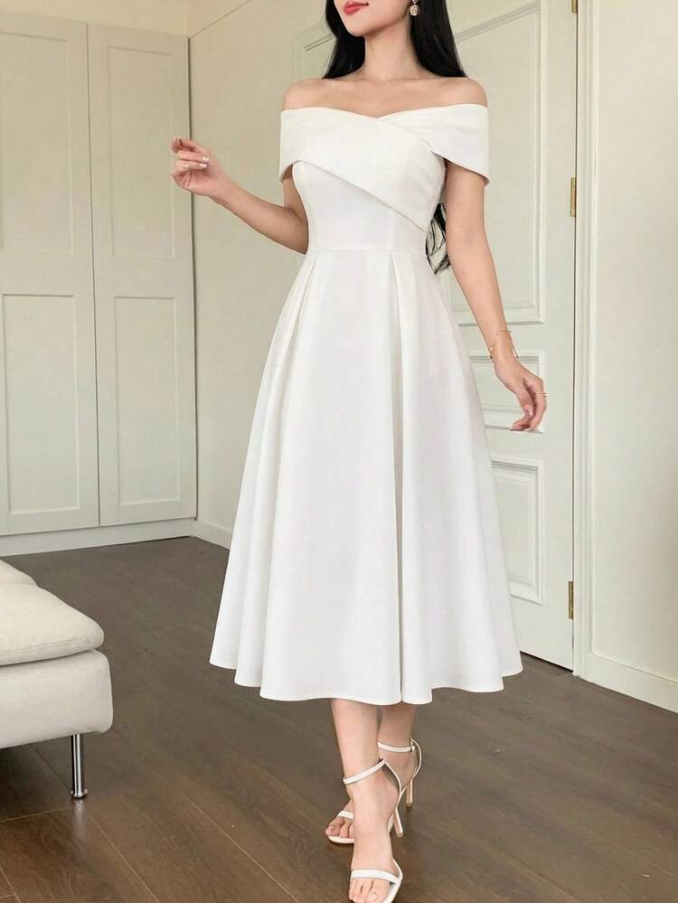 Women's Elegant Solid Color Off-Shoulder Mid-Length Dress, Summer,Valentine Outfits For Women Maxi Dress Sundress
