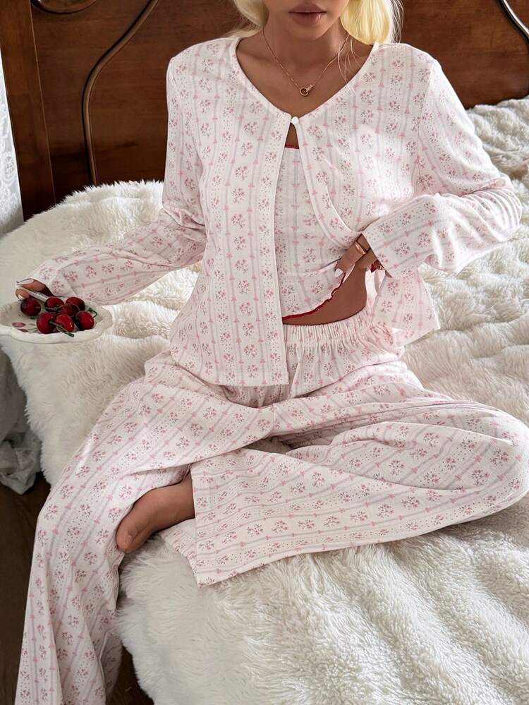 3pcs/Set Ditsy Floral Contrast Trim Women Pajama Set