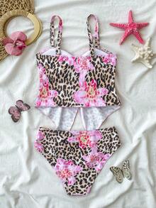 SHEIN Tween Girls Leopard Print 3D Tankini Top,Cute Pink Cheetah Bathing Suit,Mommy And Me Swimwear,Beige Summer Beach Holiday,Holiday Swim Suits For Girls - Pink - View 2