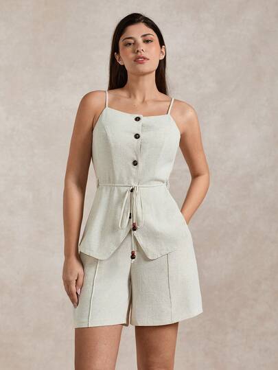 Briarwyn Summer Holiday Textured Linen Casual Camisole Top And Shorts 2 Pieces Set,Vacation Outfits Women ,Old Money Style