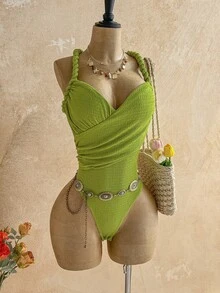 Soleia 春夏新款休闲度假西部海滩婚礼宾客着装毕业早午餐圣帕特里克节春假复活节音乐节优雅波西米亚热带露背流苏针织纹理褶皱连体裤女装 - 綠色 - 查看 4