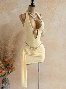 Soleia Sexy V-Neck Cross Decor Hollow Out Halter Backless Textured Fabric Multi-Layer Irregular Hem Mini Dress, Suitable For Party, Christmas, Date, Nightclub, Beach, Cruise, Afternoon Tea, Bohemian, Boho, Vacation, Fall Women Clothes, Vintage,Summer Yellow Halter Dress Yellow Sexy Dress Butter Yellow Dress Waffle Knit Dress , Outfit , Blue Dresses For Women Vacation Outfits Women Butter Yellow Mini Dress Halter Mini Dress,Summer Dress,Vacation Dress,Summer Outfit For Women , Festival Outfits, Graduation,Vacation Outfits Women, Yellow Dresses For Women,Work Outfits For Women , Beach Outfit For Women - Light Yellow - View 5