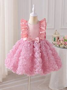 SHEIN Glamorique Kids Đầm công chúa cho bé gái, họa tiết hoa 3D, đáng yêu và tinh nghịch, đầm dự tiệc cho bé gái, đầm sinh nhật, đầm cưới, đầm lễ hội, đầm thanh lịch, lưng khoét, nơ lớn phía sau, đầm màu hồng nhạt. - Bụi hồng - Xem 2