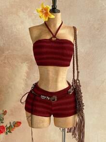 Soleia 2pcs/Set Women's Autumn/Winter Halter Striped Top & Super Shorts - Red - View 1