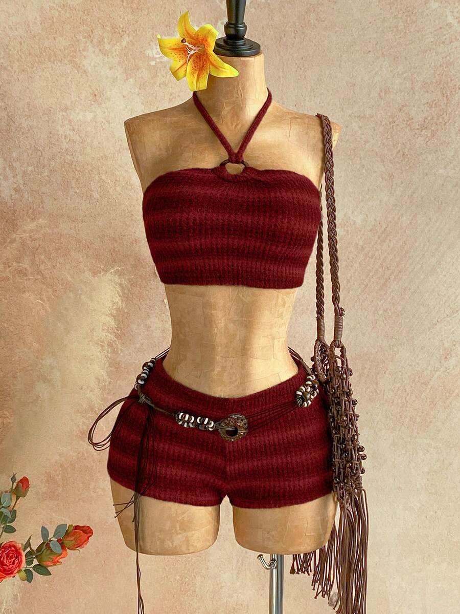 Soleia 2pcs/Set Women's Autumn/Winter Halter Striped Top & Super Shorts - Red - View 1