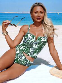 Swim Lushoire 女士V领褶皱印花吊带比基尼上衣 - 彩色 - 查看 7