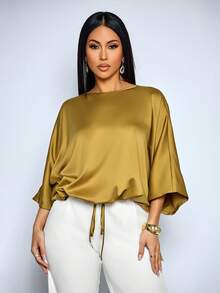 SOLERSUN Women's Elegant Loose-Fit Casual Party Luxury Satin Batwing Sleeve Blouse With Drawstring Hem - Mustard Yellow - View 1