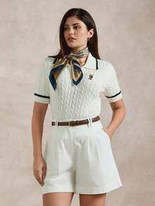 Briarwyn Women's Casual Contrast Trim Bear Embroidery Short Sleeve Sweater, Summer - White - View 5