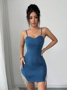 Elenzga Women's Fitted Rhinestone Tassel Hem Fashionable Spaghetti Strap Denim Dress - Medium Wash - View 4