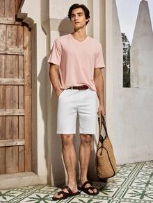 Mercer Haus Men's Casual Daily Solid Color V-Neck Short Sleeve T-Shirt, Summer , Suitable For Summer Tropical Holiday Vacation In Hawaii. - Pink - View 7