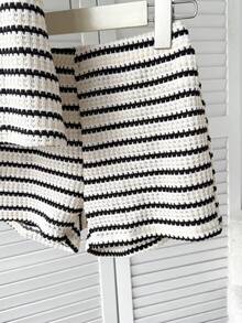 SHEIN 2pcs/Set Tween Girls Asymmetric Textured Striped Cropped Camisole Top And Shorts Set, Casual Vacation Home Y2K Style - Black and White - View 6