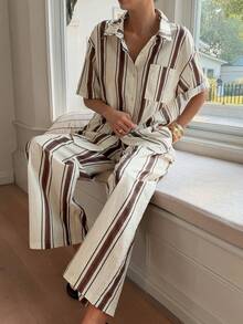 DAZY 女士条纹落肩短袖纽扣休闲衬衫长裤两件套家居服套装，夏季女士休闲套装 - 杏色 - 查看 4