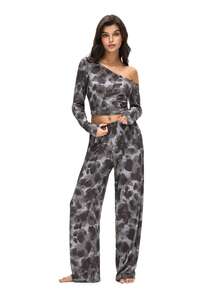 Women's Fashion Asymmetrical Shoulder Long Sleeve Pants Set - Coffee Brown - View 1