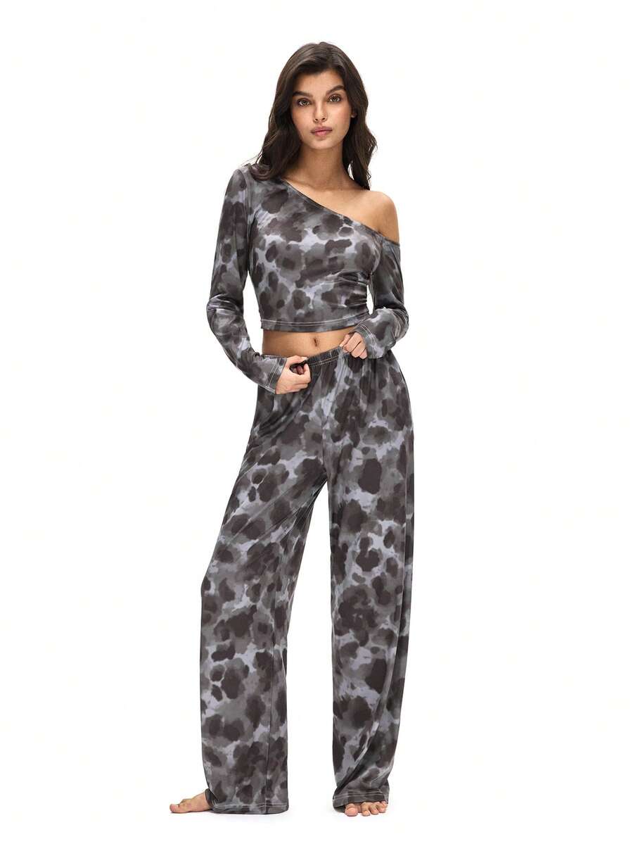 Women's Fashion Asymmetrical Shoulder Long Sleeve Pants Set - Coffee Brown - View 1