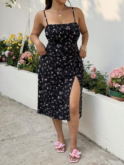 GalTyme Plus Size Women's Summer Ditsy Floral Slit Strap Dress,2000s Style,Summer,Spring,Y2k,Easter,Vacation,Festival,Holiday,St Patricks Day,Wedding Guest