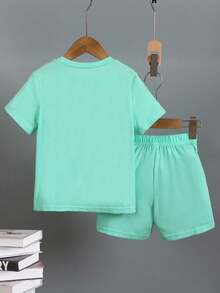 SHEIN 2pcs/Set Young Boy Letter Print Round Neck Short Sleeve T-Shirt And Shorts, Casual Outfit, School, Campus, College Summer Holiday - Green - View 2
