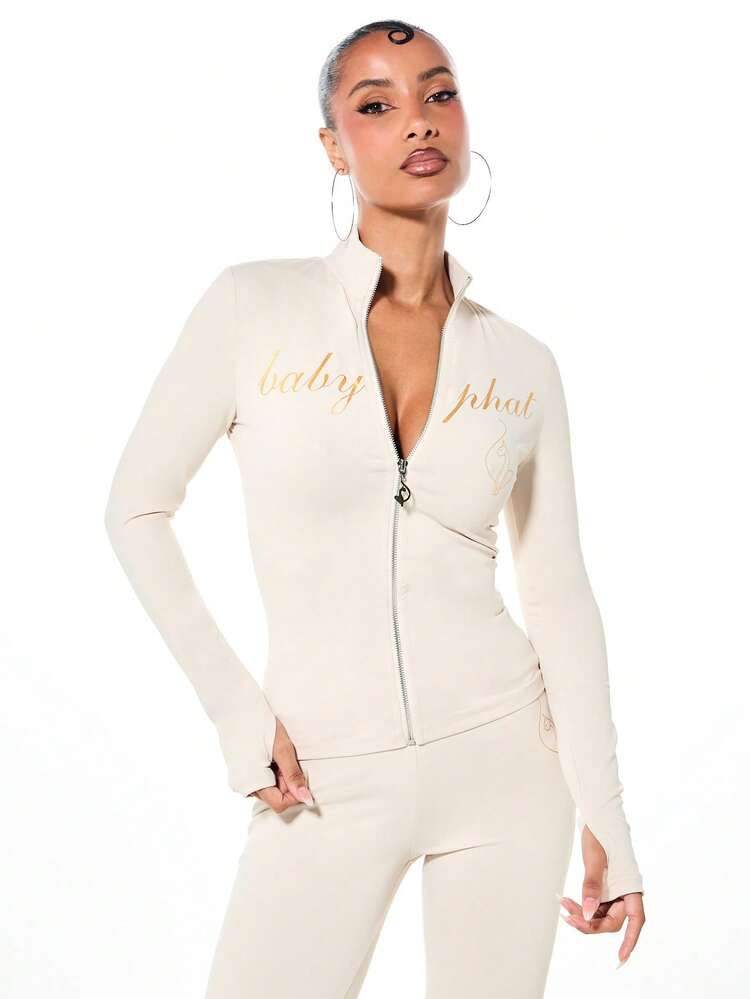 BABYPHAT Women's High Neck Long Sleeve Jersey Zip Up Top With Glitter Script Print And Thumb Holes For Casual Wear