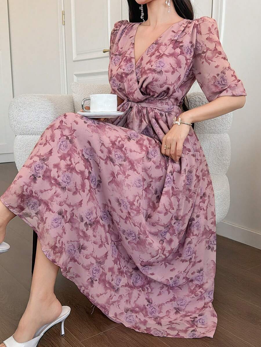 DAZY Women's V-Neck Waist Cinched Floral Print Long Dress Sundress Summer - Pink - View 1