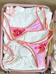 Swim Mod Women's Cream Yellow & Pink Floral Crochet Shell Trim Micro Bikini Set, Spring/Summer - Multicolor - View 1