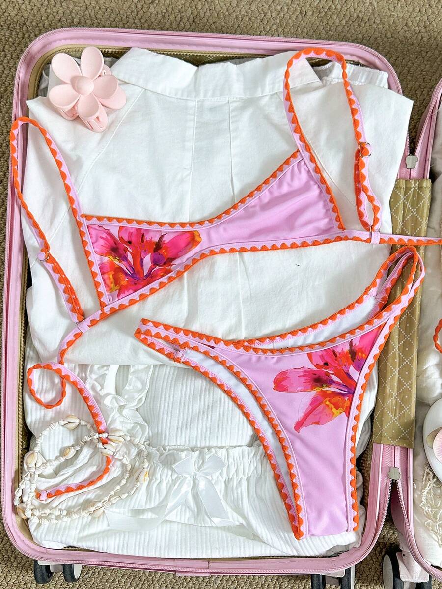 Swim Mod Women's Cream Yellow & Pink Floral Crochet Shell Trim Micro Bikini Set, Spring/Summer - Multicolor - View 1