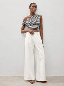 Maija Deas 女士黑色露脐上衣，饰有水钻，简约都市风单肩条纹不对称上衣，春夏时尚清爽必备单品，时尚达人必备条纹上衣，黑白条纹上衣，女士 - 黑與白 - 查看 7