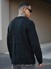 Devon Thys 黑色圆领抽绳提花休闲学院风英伦风套头毛衣，男士春秋冬款，长袖上衣 - 黑色 - 查看 2