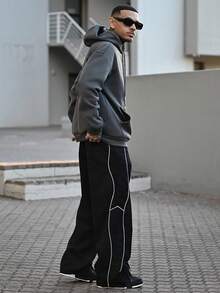 Devon Thys 男士秋冬简约山地标语印花口袋抽绳连帽卫衣，长袖上衣 - 深灰色 - 查看 6