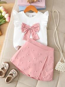 Elladie kids 4-7Y Girls 2pcs Set: Cute Bow Decor Beaded Cap Sleeve Top & Elastic Waist Beaded Slit Shorts, Suitable For Daily Life, Parties And Other Occasions - Baby Pink - View 6