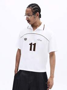 SUMWON Men's Casual Polo Shirt With Number Print Short Sleeve Collared Tee Box Fit Button Placket Top - White - View 4