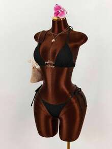 Amplova 3件套女士性感挂脖比基尼套装 - 上衣、下装和罩衫 - 黑色 - 查看 5