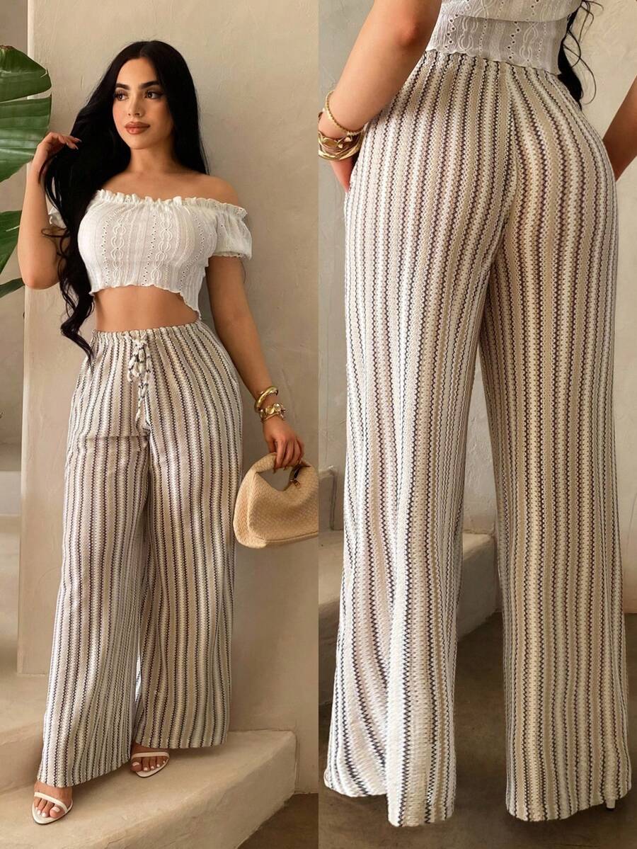 SHEIN SXY 女士度假沙滩钩针条纹罩衫和裤子套装 - 彩色 - 查看 1