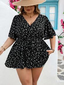 SHEIN CURVE+ Curve Size US22 Music Festival Seaside Vacation Bohemia Elegant Business Casual Women Ditsy Floral Butterfly Sleeve Ruffle Hem Blouse Black Summer - Black - View 6