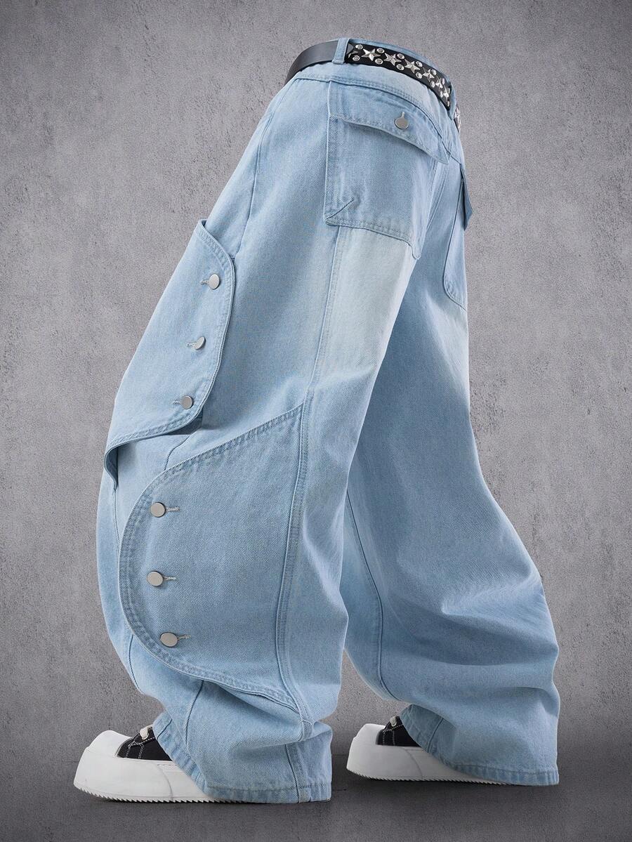 Manfinity Denimwave 男士休闲街头风做旧弧形拼接阔腿蓝色牛仔裤 - 淺色水洗藍 - 查看 1