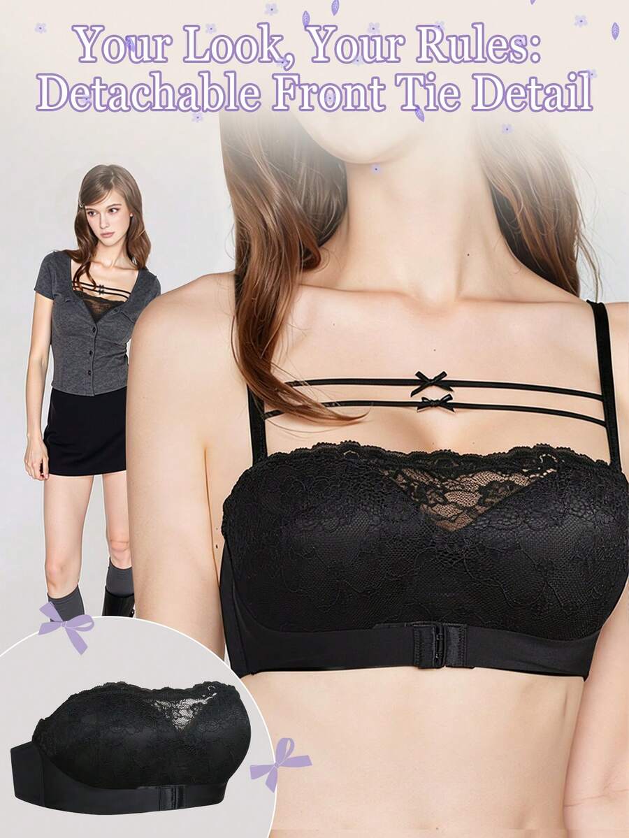 DesireSculpt 1件装女士钢圈蕾丝前扣支撑文胸 - 黑色 - 查看 1