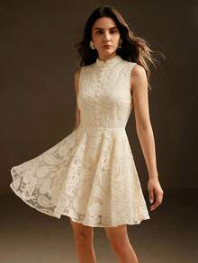 Anewsta 女士冬季连衣裙，圣诞节和新年款，立领无袖收腰网纱面料3D花卉刺绣优雅连衣裙 - 杏色 - 查看 7