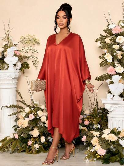 SOLERSUN 女士优雅飘逸蝙蝠袖V领缎面中长连衣裙，适合派对、情人节约会等场合