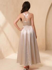 Teen Girl Solid Color Pleated Elegant Party Dress - Champagne - View 2