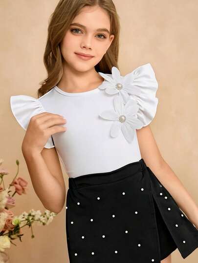 SHEIN 2pcs/Set Fashionable & Elegant Blouse And Shorts Set For Tween GirlsCap Sleeve Knitted Milk Cotton Blouse + Black Knitted Beaded Shorts, Suitable For Daily Wear And Gatherings