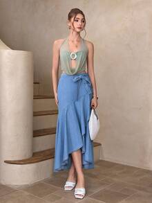 Selenza 女士休闲裹身牛仔迷你裙，夏季 - 藍色 - 查看 6