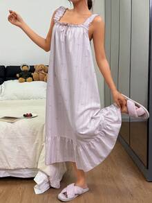 Floral Ruffle Hem Bow Tie Romantic Women Loose Long Nightgown - Baby Pink - View 6