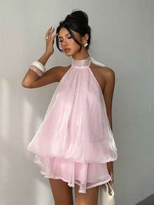 Aloruh Women's Elegant Light Yellow Halter Tie Mini Dress - Baby Pink - View 7