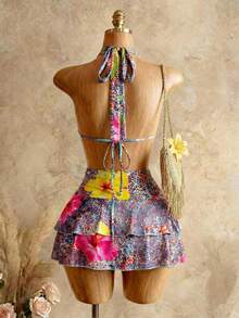 Mistrie Leopard Floral Print Knit Asymmetric Overlap Ruffle Hem Sexy Backless Party Dress, Spring/Summer - Multicolor - View 1