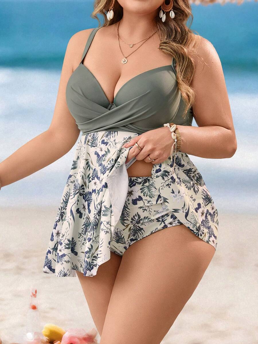 Swim Lushoire Bộ bikini hai mảnh dành cho phụ nữ cỡ lớn, kiểu áo vest đi biển. - xanh quân đội - Xem 1