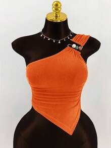 Amplova 大码女式彩色串珠装饰褶皱腰部单肩上衣 - 亮橙色 - 查看 3