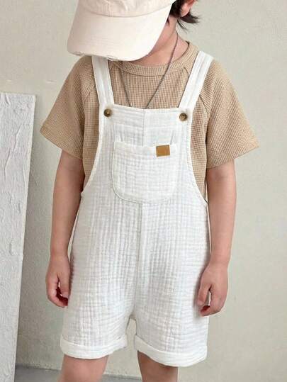 SHEIN Toddler Boy Clothes,Toddler,Kids/Young Boys Casual Solid White Crepe Bib Shorts Overalls, Spring/Summer